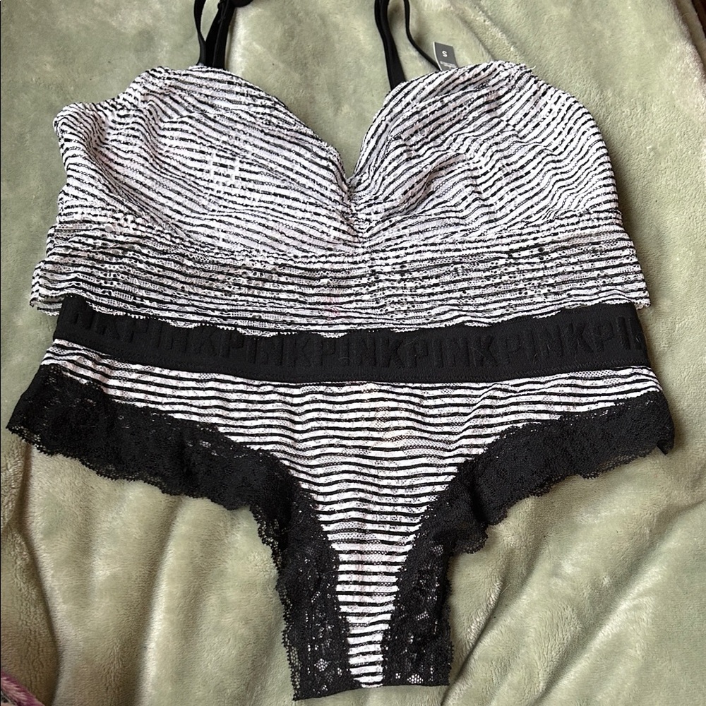 Striped Black and White Lace Trim Intimates Set